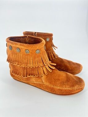 Minnetonka Double Fringe Suede Moccasin Ankle Boots Women’s 7 Brown Western